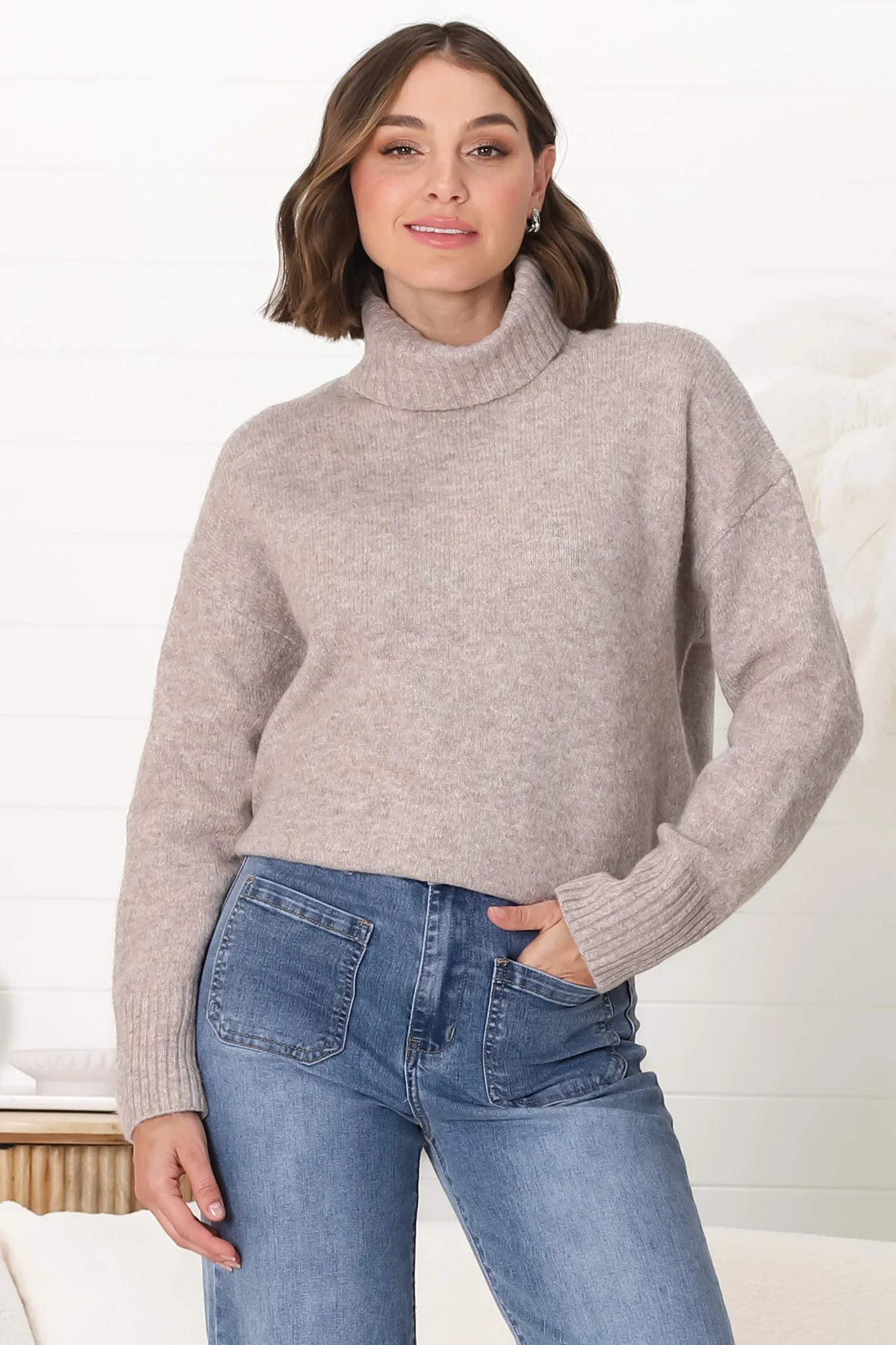 Trilly Jumper - Turtle Neck Realxed Jumper Step Hemline in Fawn Marle sold by Salty Crush product image thumbnail 3