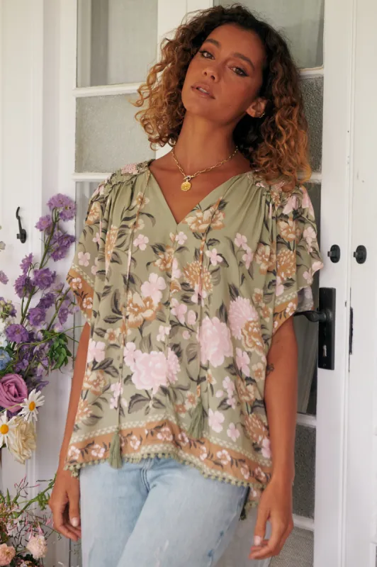 JAASE - Fisico Top: High V Neck Slouchy Blouse with Crochet Trim Hemline in Adore Print sold by Salty Crush