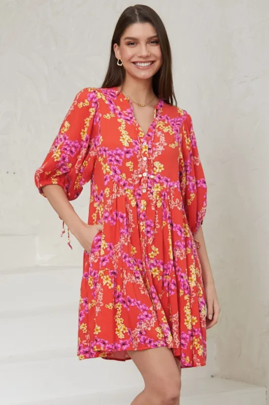 Comino Mini Dress - V Neck Button Down Dress with Pockets in Floral Print sold by Salty Crush