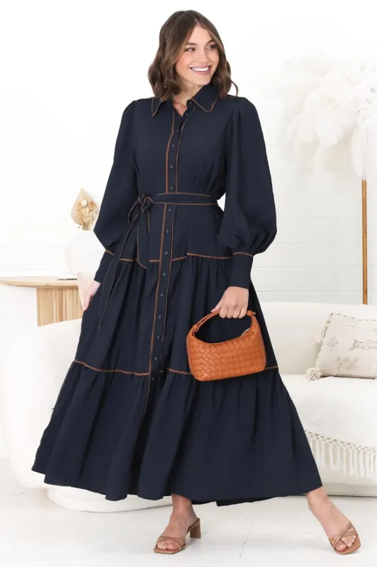 Marise Maxi Dress - A Line Dress with Collared Neckline and Long Sleeves in Navy sold by Salty Crush