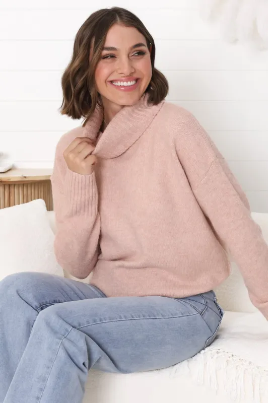 Trilly Jumper - Turtle Neck Realxed Jumper Step Hemline in Pink Marle sold by Salty Crush