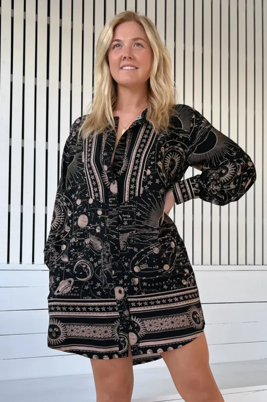 JAASE - Moonstone Shirt Mini Dress: Crew Neckline Button Down Dress in Astrid Print sold by Salty Crush