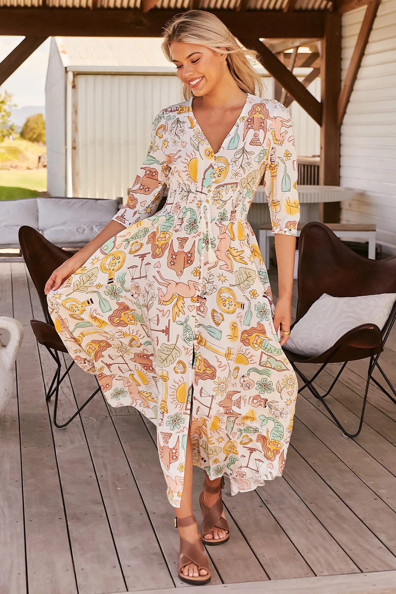 Indiana Maxi Dress - Lace Back Shirred Waist A Line Dress with Handkerchief Hemline in Fantasy Print sold by Salty Crush product image thumbnail 2