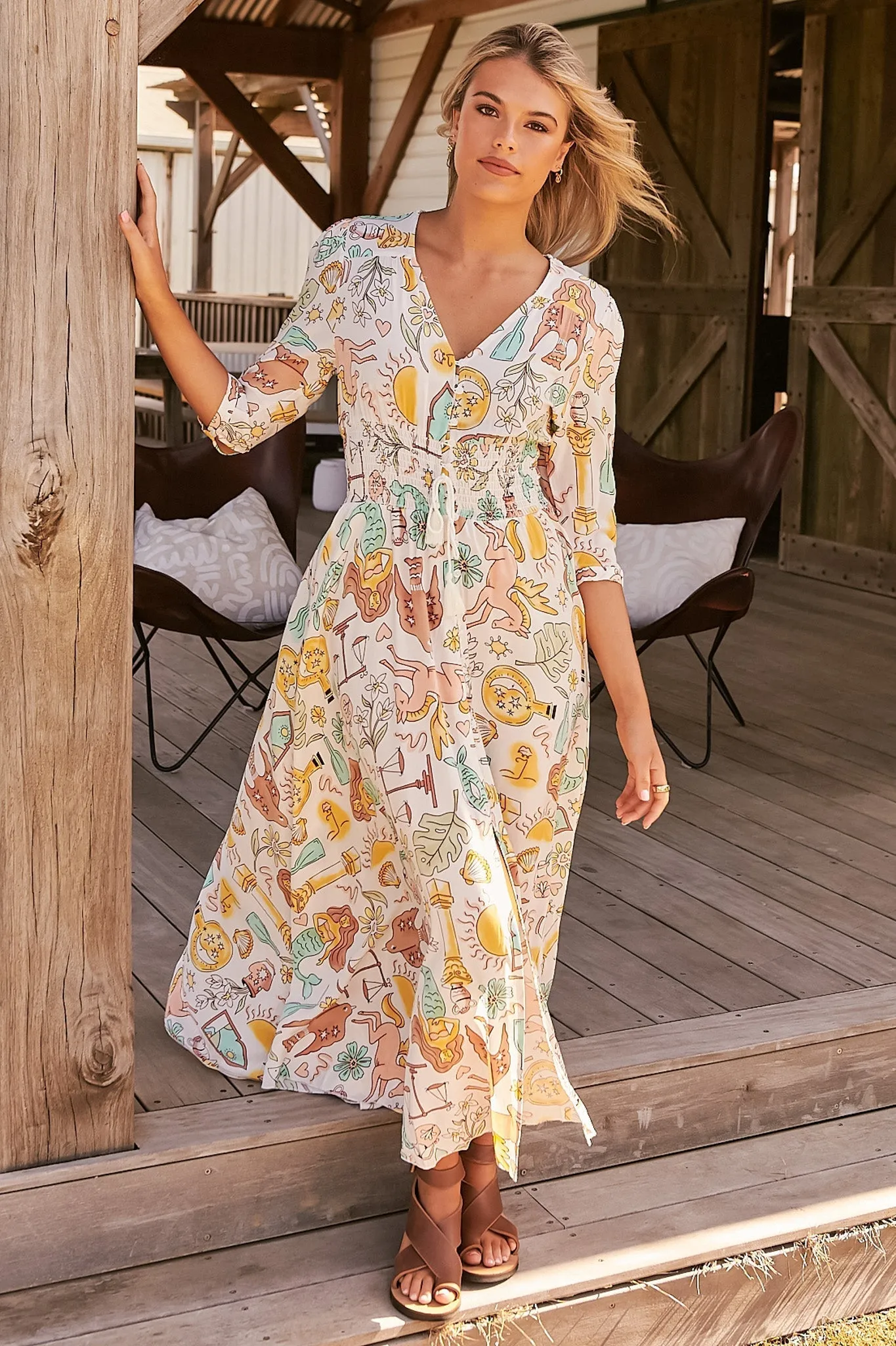 Indiana Maxi Dress - Lace Back Shirred Waist A Line Dress with Handkerchief Hemline in Fantasy Print sold by Salty Crush
