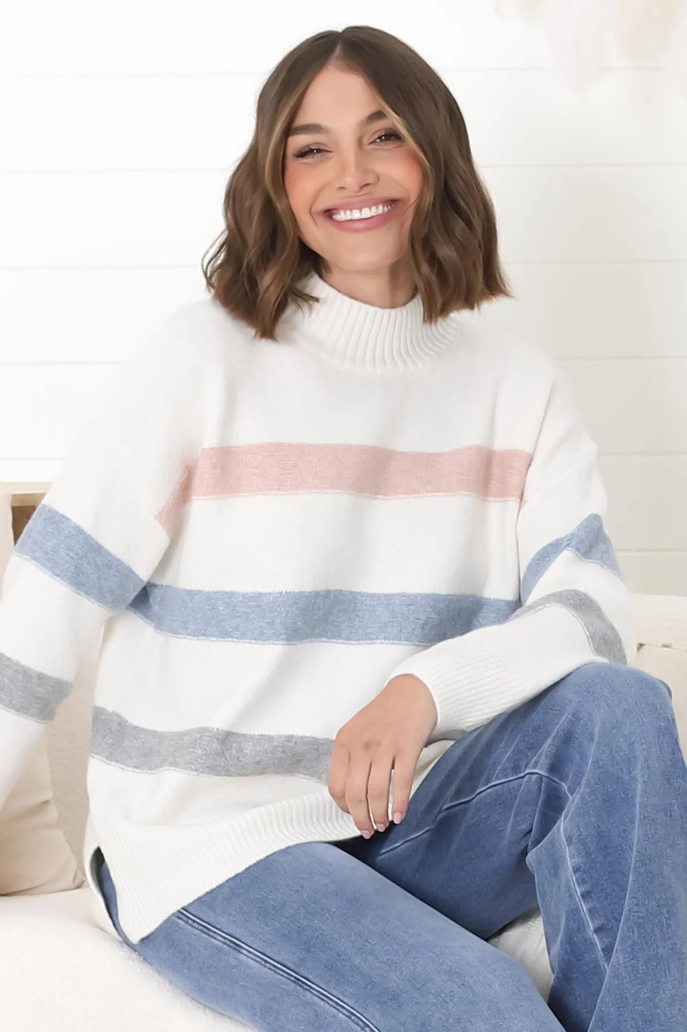 Shore Jumper - Multi Color Stripe Crew Neck Jumper in Cream sold by Salty Crush product image thumbnail 2