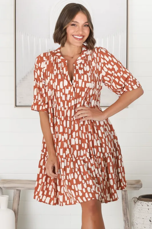 Evie Mini Dress - 3/4 Sleeve Tiered Smock Dress in Rust sold by Salty Crush