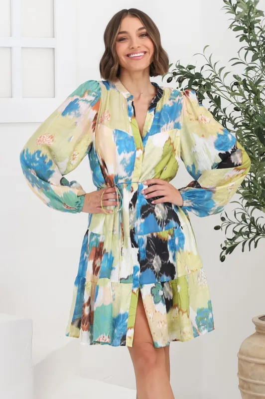 Cadell Mini Dress: Mandarin Collar Buttoned Down Dress Cadiz Print sold by Salty Crush