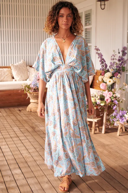 JAASE - Fields Maxi Dress: Deep V Neck A Line Dress with Front Split in Lailah Print sold by Salty Crush