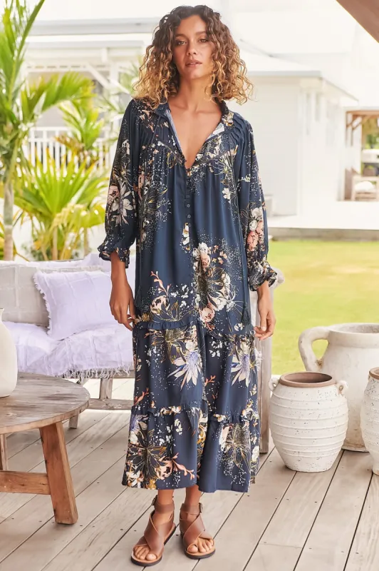 Briana Midi Dress - Frill Collar Oversized Buttoned Dress with Waist Tie and Frill Splicing in Indigo Print sold by Salty Crush