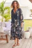 Briana Midi Dress - Frill Collar Oversized Buttoned Dress with Waist Tie and Frill Splicing in Indigo Print sold by Salty Crush