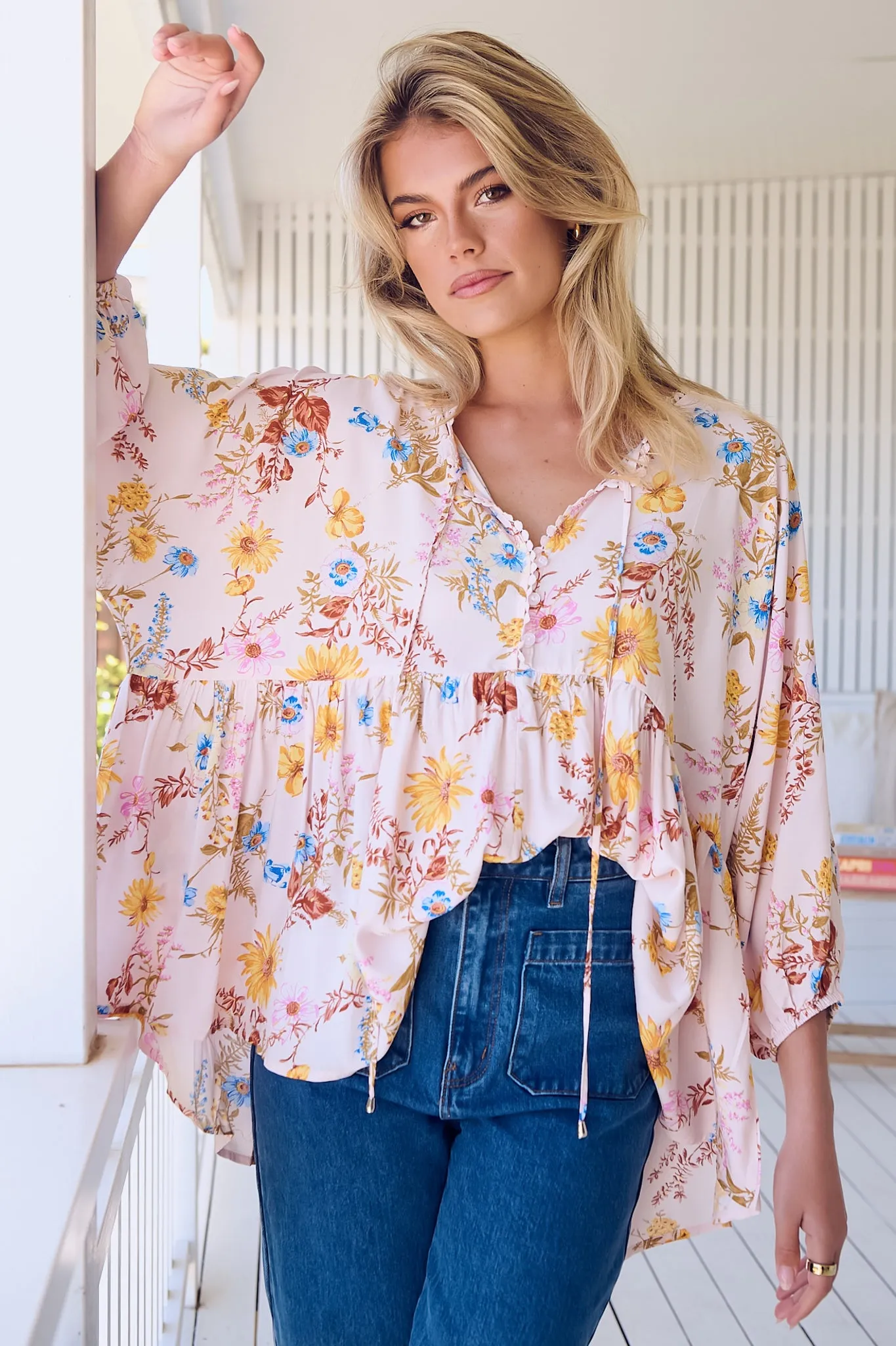 JAASE - Chloe Top: Very Oversized Crochet Trim Neckline Smock Top in Bambalina Print sold by Salty Crush product image thumbnail 5