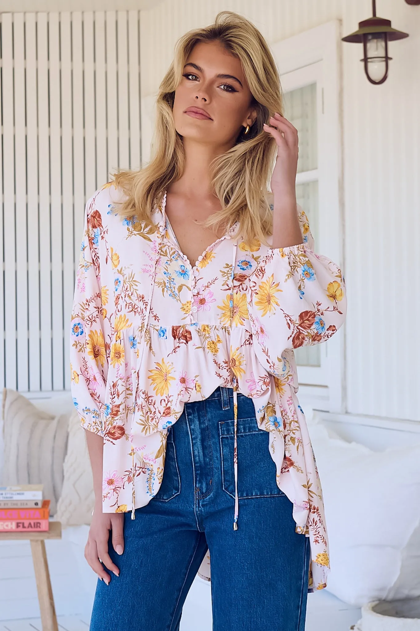 JAASE - Chloe Top: Very Oversized Crochet Trim Neckline Smock Top in Bambalina Print sold by Salty Crush product image thumbnail 3