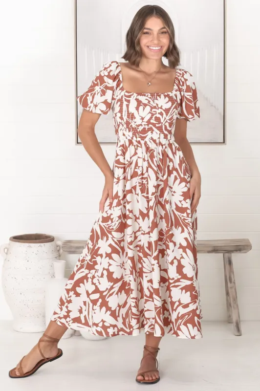 Shira Midi Dress - On Or Off Shoulder Elasticated Bodice Dress With Short Balloon Sleeves In Charis Print Rust sold by Salty Crush