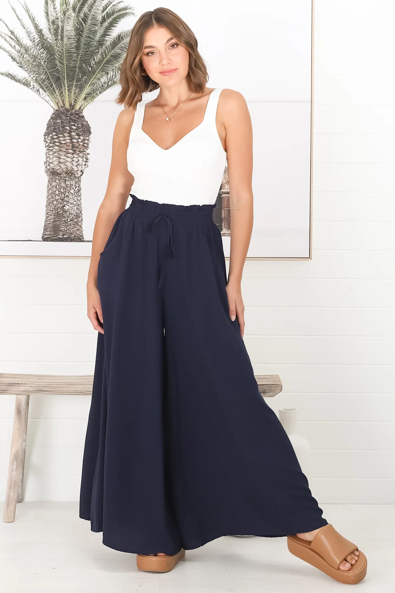 Charli Pants - Paper Bag High Waisted Wide Leg Pants in Navy sold by Salty Crush product image thumbnail 4