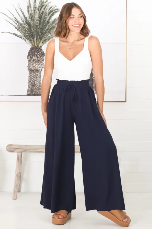 Charli Pants - Paper Bag High Waisted Wide Leg Pants in Navy sold by Salty Crush