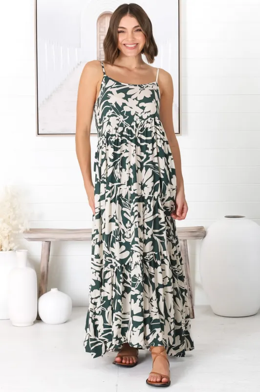 Kana Maxi Dress - Spaghetti Strap Asymmetric Tiered Dress in Charis Print Emerald sold by Salty Crush