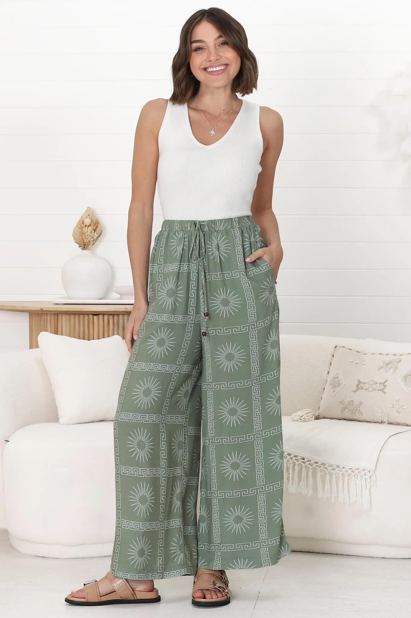 Mahina Pants - High Waisted Straight Leg Pants Astra Print in Green sold by Salty Crush product image thumbnail 3