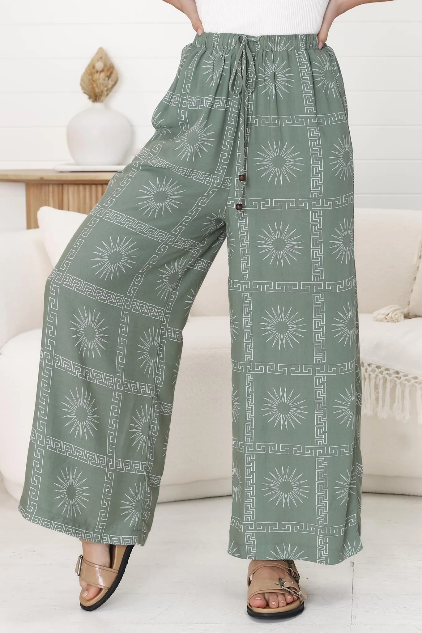 Mahina Pants - High Waisted Straight Leg Pants Astra Print in Green sold by Salty Crush product image thumbnail 2