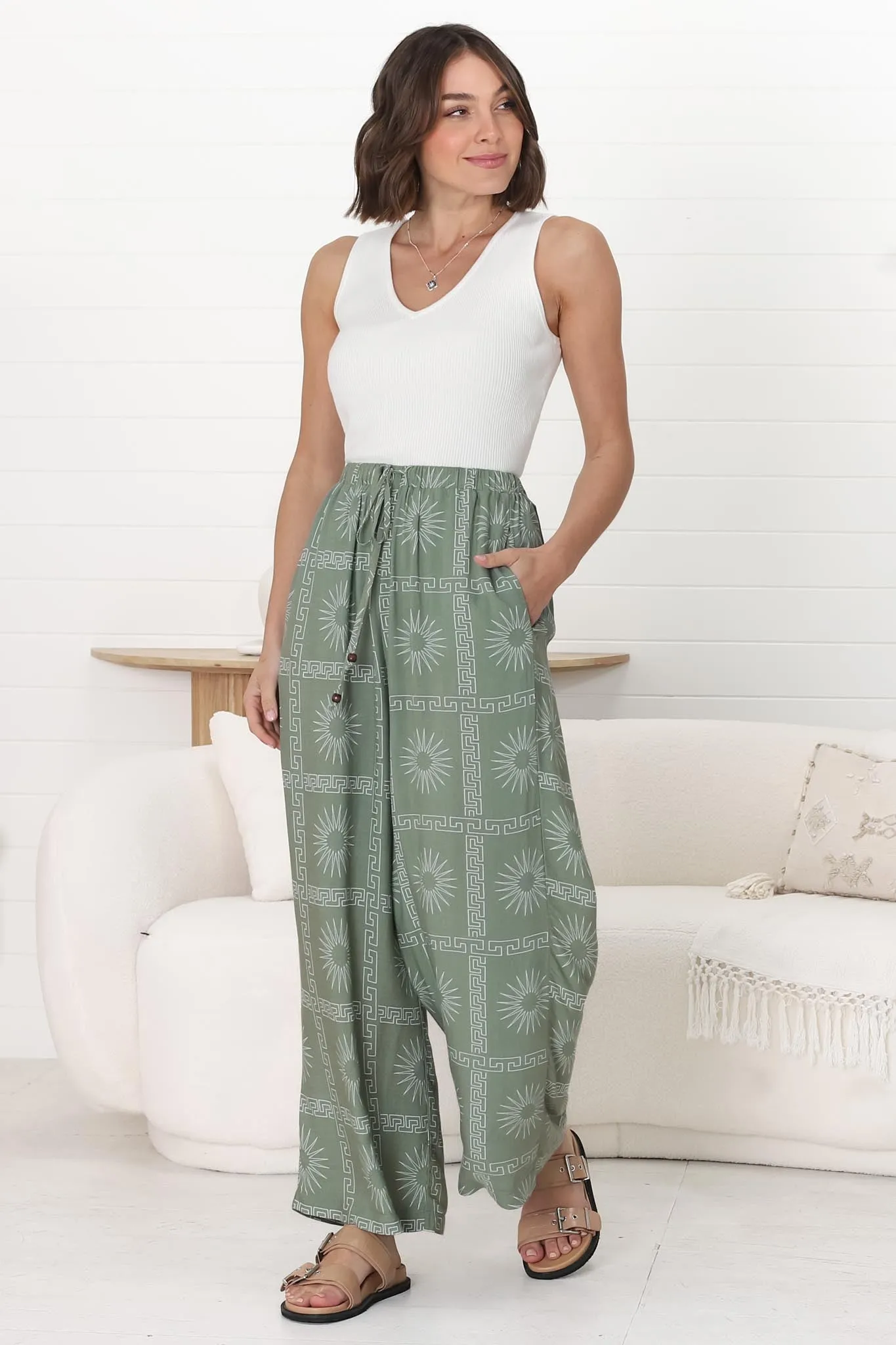 Mahina Pants - High Waisted Straight Leg Pants Astra Print in Green sold by Salty Crush product image thumbnail 4