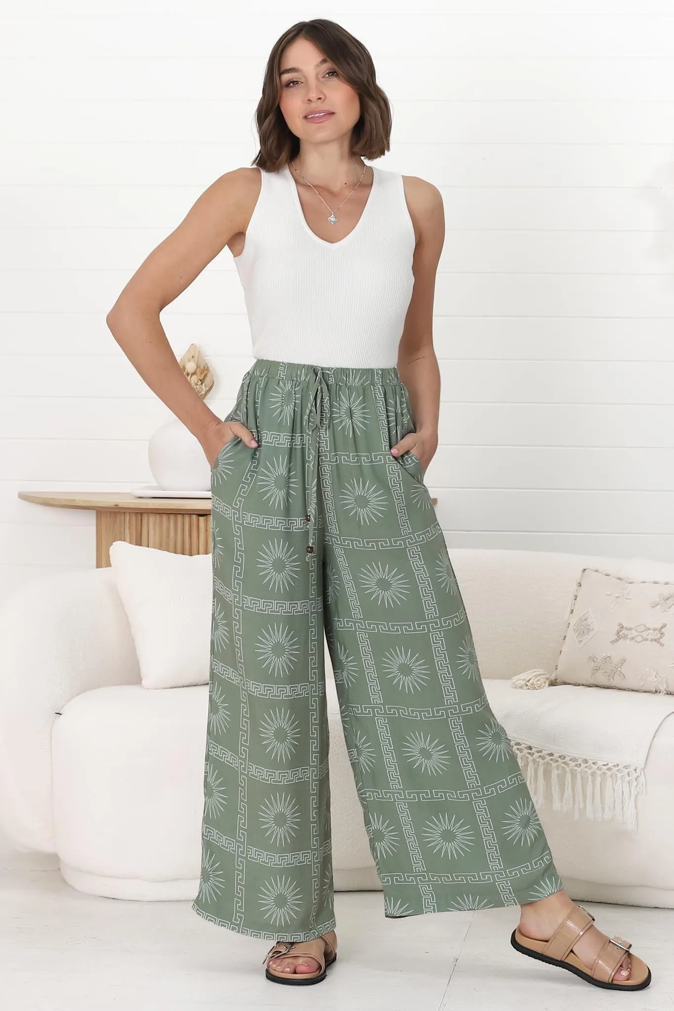 Mahina Pants - High Waisted Straight Leg Pants Astra Print in Green sold by Salty Crush product image thumbnail 5
