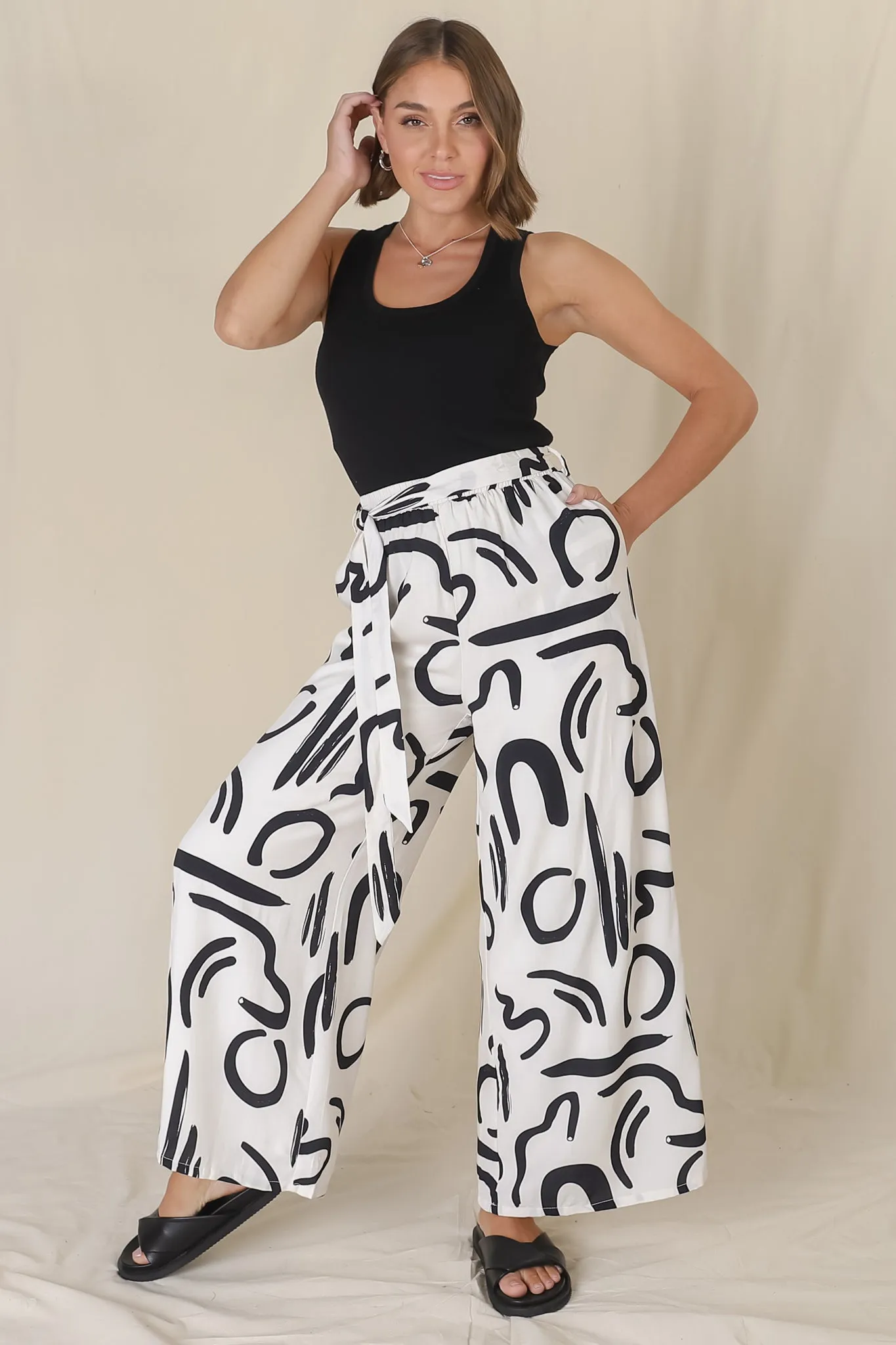 Emersyn Pants - Graphic Print Wide Leg Pants with Matching Belt in Off White sold by Salty Crush product image thumbnail 3