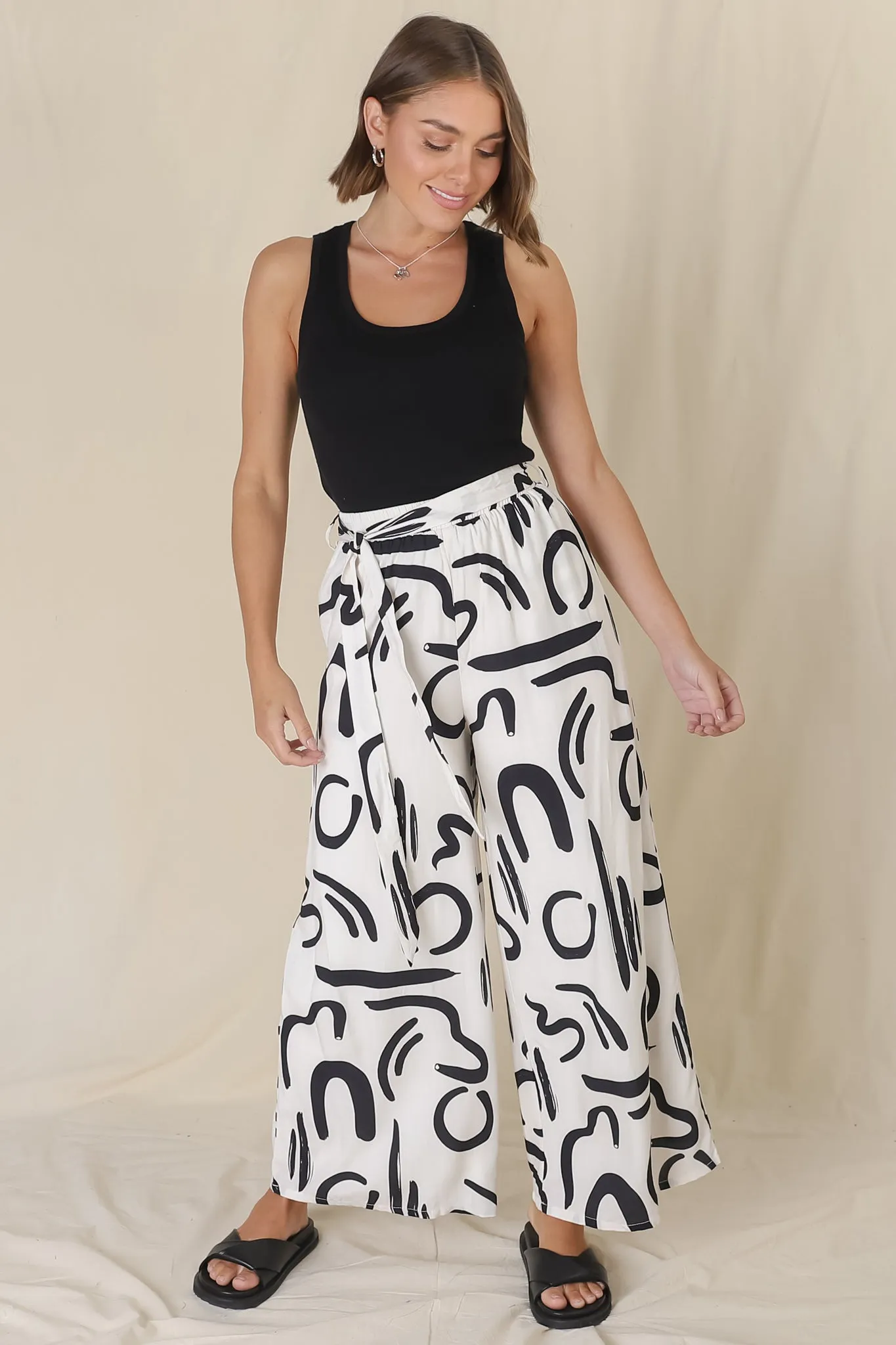 Emersyn Pants - Graphic Print Wide Leg Pants with Matching Belt in Off White sold by Salty Crush product image thumbnail 4