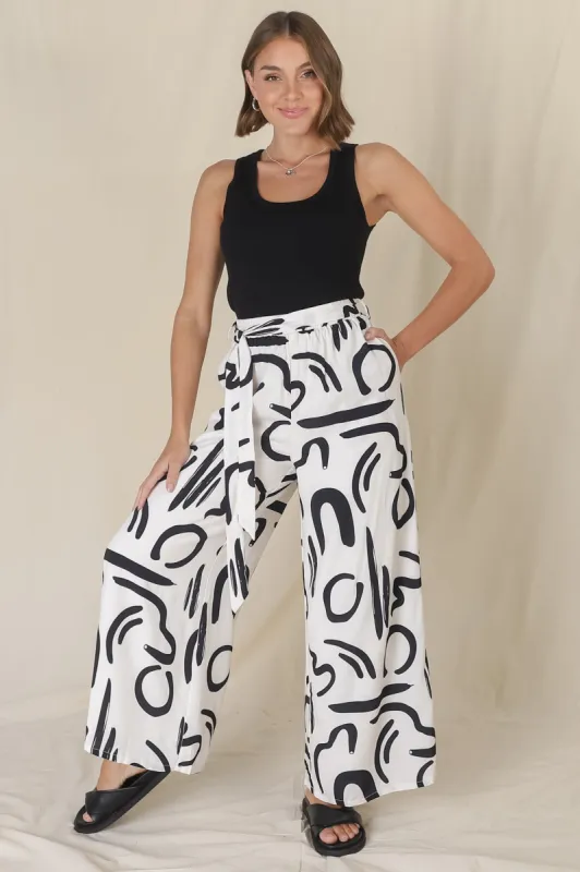 Emersyn Pants - Graphic Print Wide Leg Pants with Matching Belt in Off White sold by Salty Crush