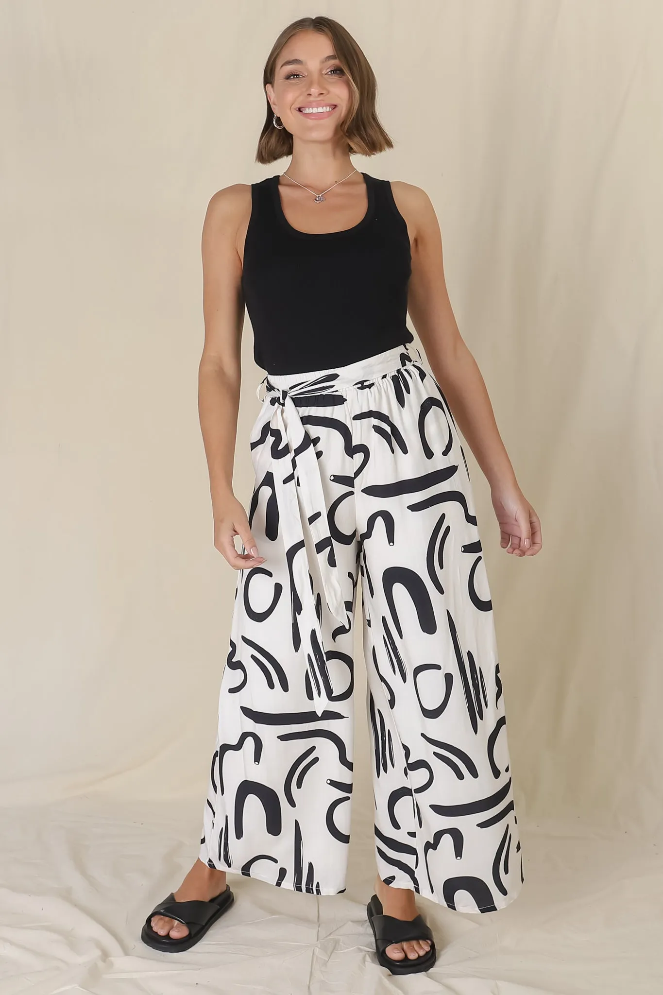 Emersyn Pants - Graphic Print Wide Leg Pants with Matching Belt in Off White sold by Salty Crush product image thumbnail 2