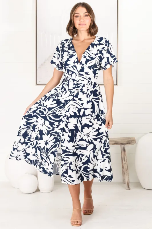 Anais Midi Dress - Cap Flutter Sleeve Button Down A Line Dress in Charis Print Blue sold by Salty Crush