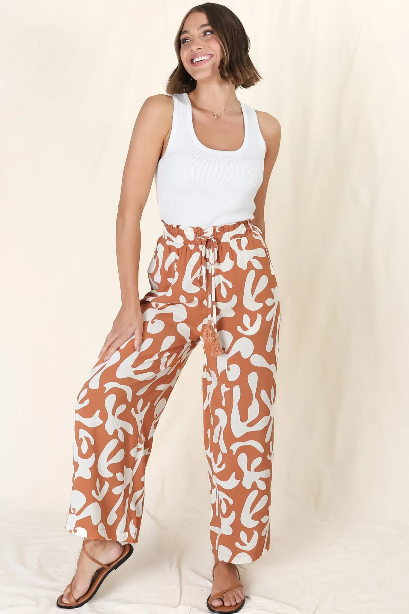 Jaxie Pants - Elasticated Paperpag Waist with Drawstring Wide Leg Pants with Pockets in Rust sold by Salty Crush product image thumbnail 3