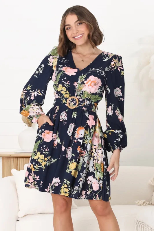 Lyna Mini Dress - A Line Dress with Statement Rattan Buckle Belt in Lidye Print sold by Salty Crush