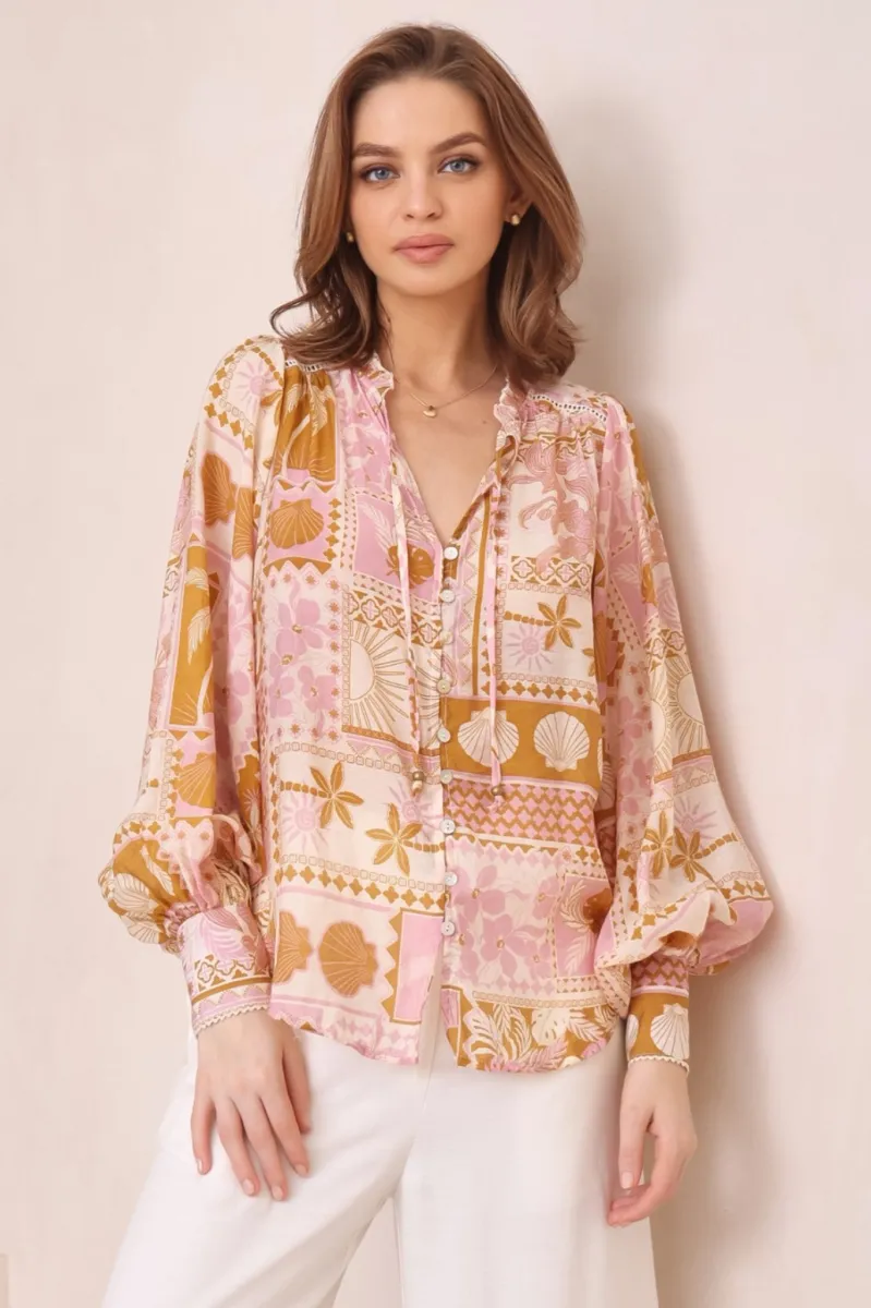 Perrio Blouse - Frill Collar Button Down Balloon Sleeve Blouse In 