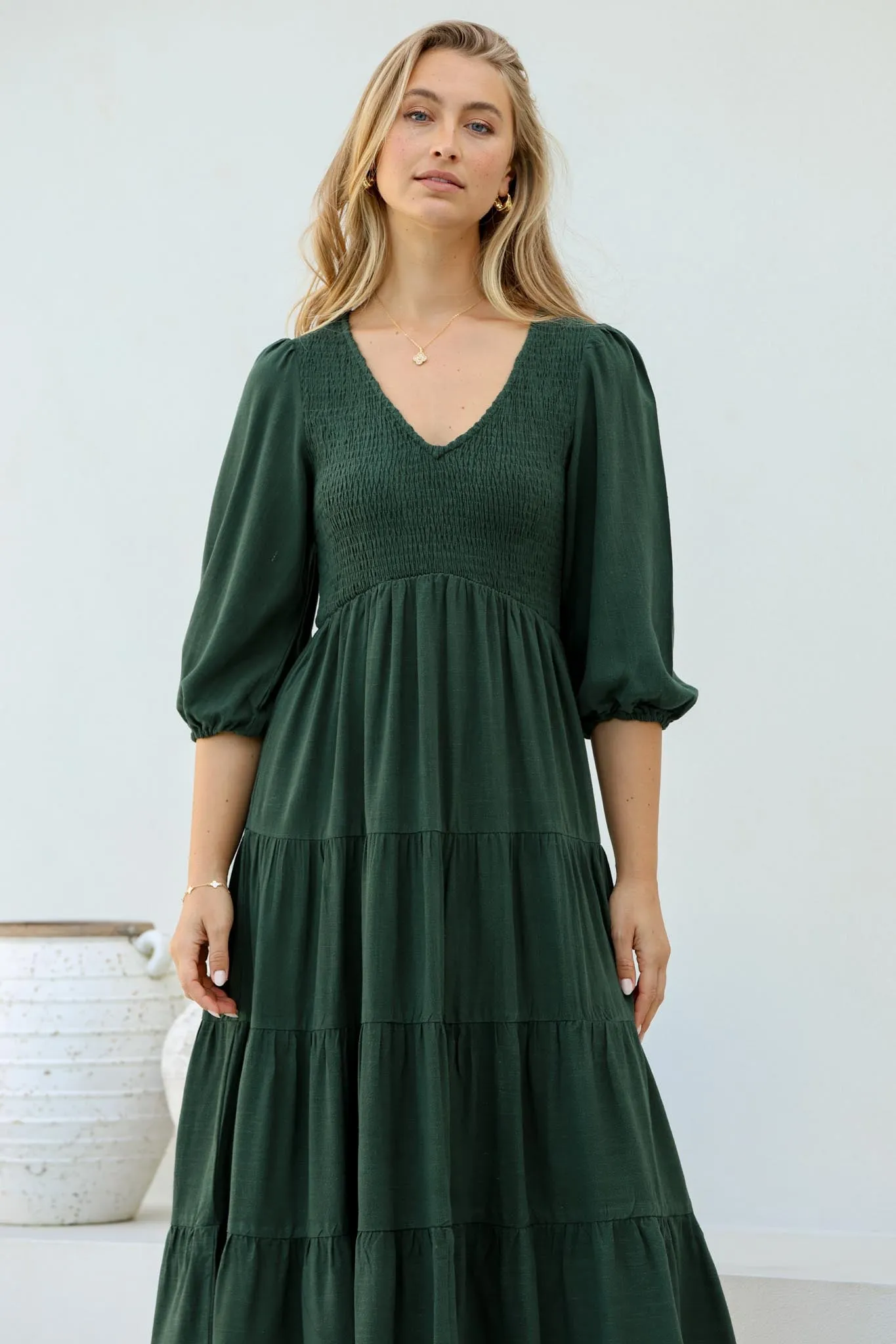 Lellah Midi Dress - Shirred Bodice Soft V Neck Tiered Dress in Green sold by Salty Crush product image thumbnail 4