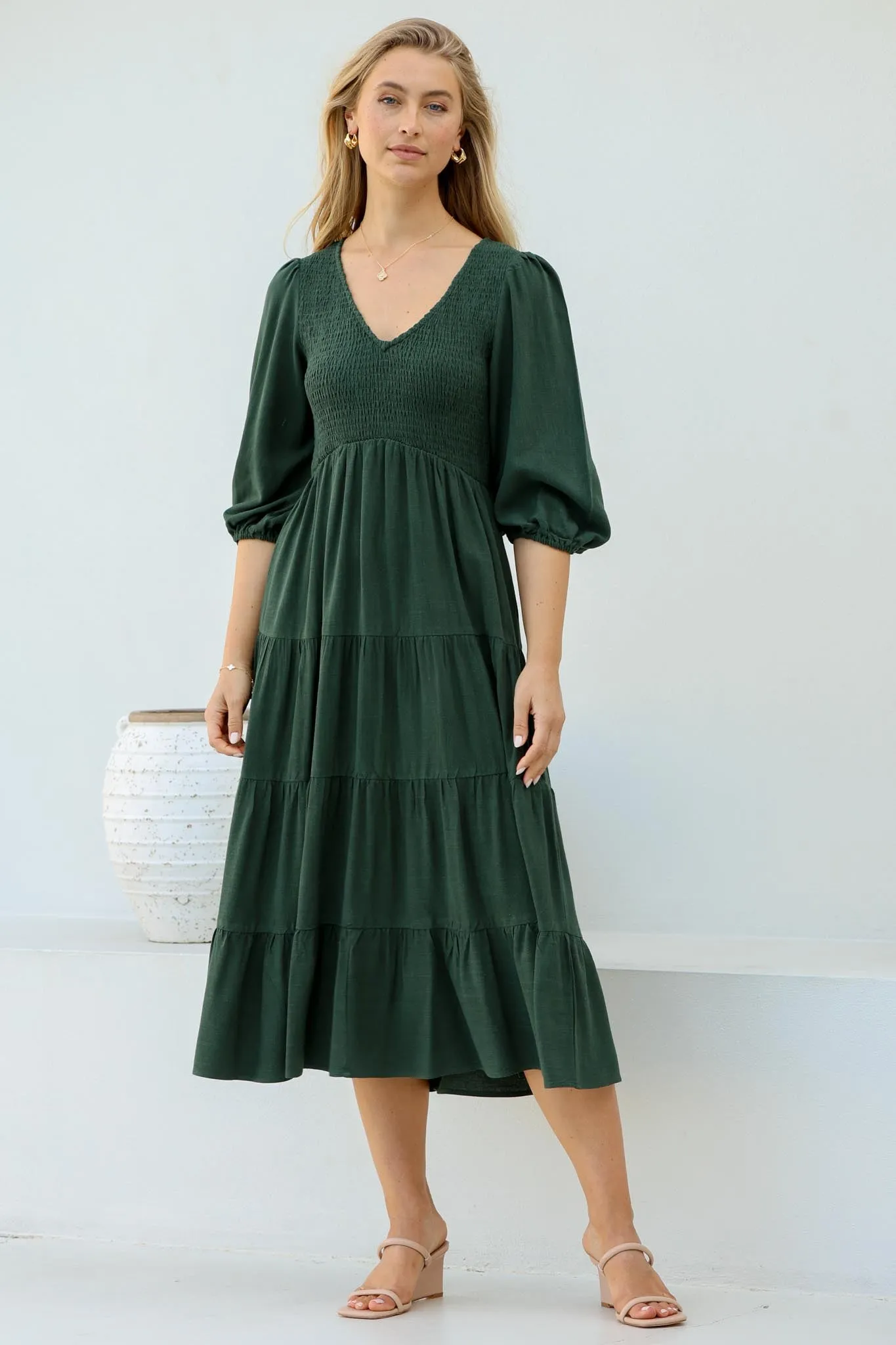Lellah Midi Dress - Shirred Bodice Soft V Neck Tiered Dress in Green sold by Salty Crush product image thumbnail 2