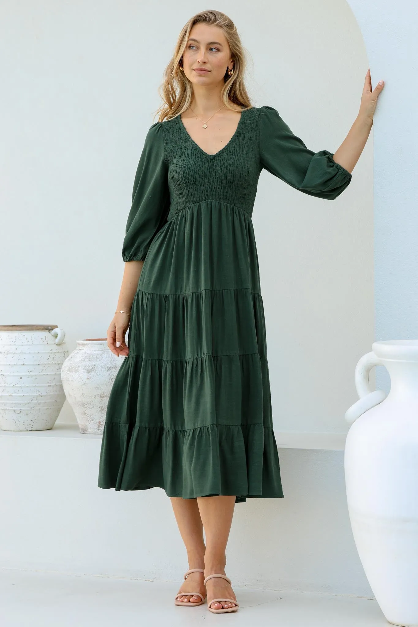 Lellah Midi Dress - Shirred Bodice Soft V Neck Tiered Dress in Green sold by Salty Crush product image thumbnail 5