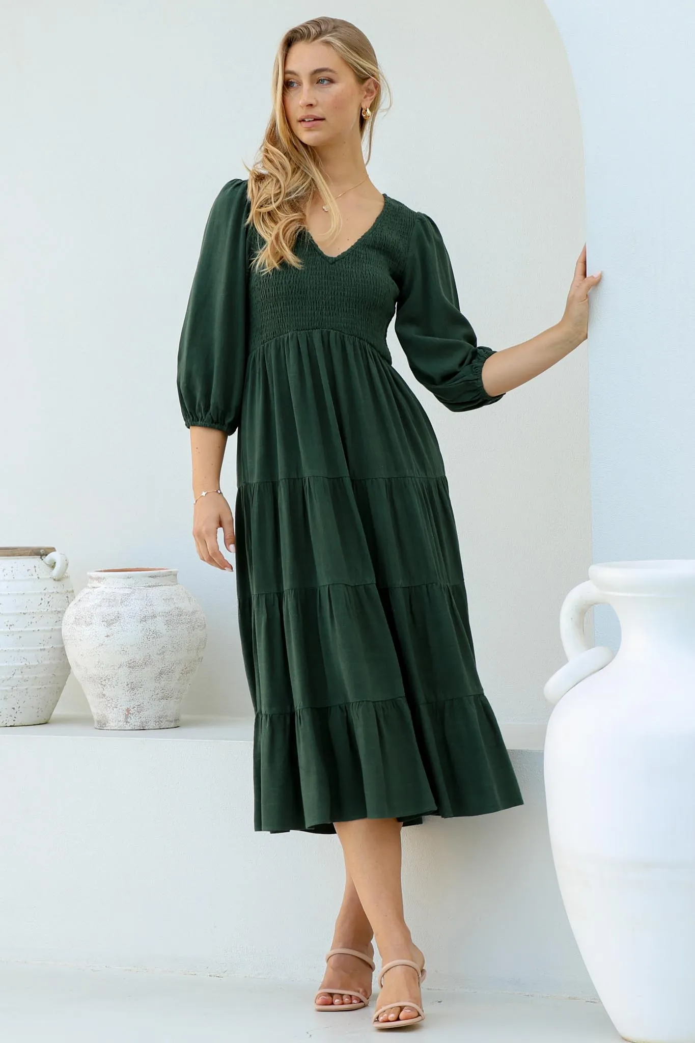 Lellah Midi Dress - Shirred Bodice Soft V Neck Tiered Dress in Green sold by Salty Crush