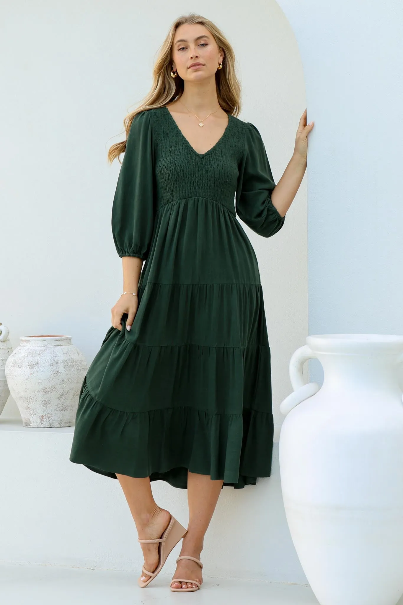 Lellah Midi Dress - Shirred Bodice Soft V Neck Tiered Dress in Green sold by Salty Crush product image thumbnail 3