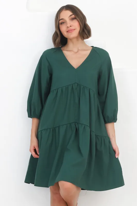 Astara Mini Dress -  V Neck Tiered Smock Dress in Green sold by Salty Crush
