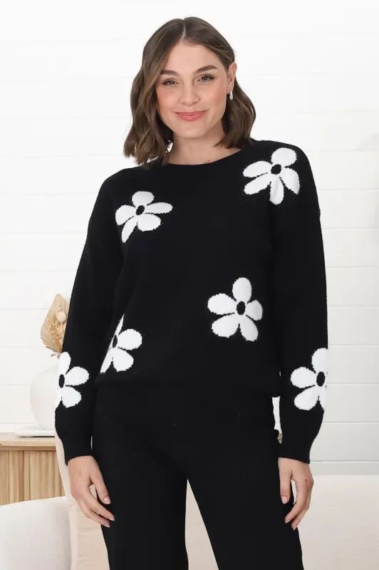 Courtney Jumper - Flower Detail Crew Neck Jumper in Black sold by Salty Crush
