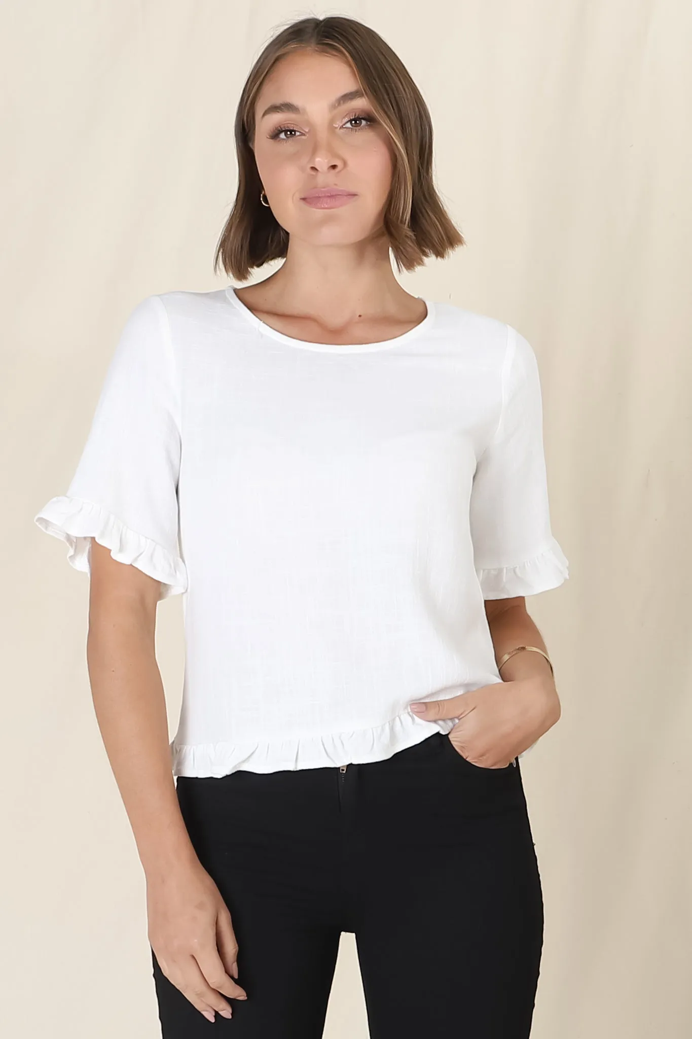 Adria Top - Frill High-Low Hem with Wooden Button Down Back Top in White sold by Salty Crush product image thumbnail 5