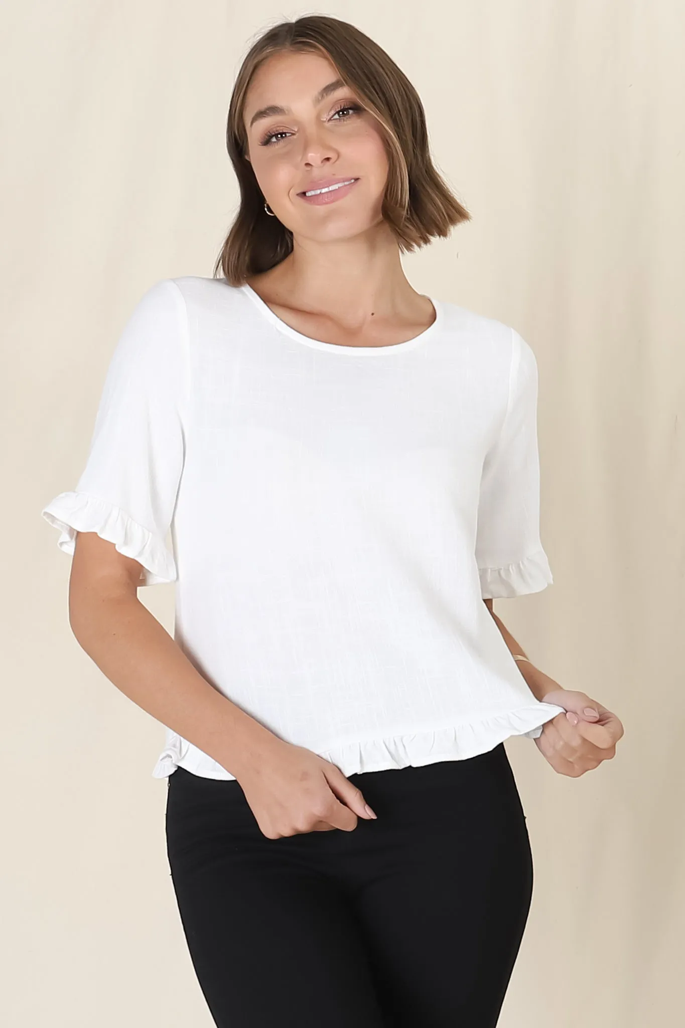 Adria Top - Frill High-Low Hem with Wooden Button Down Back Top in White sold by Salty Crush product image thumbnail 2