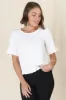 Adria Top - Frill High-Low Hem with Wooden Button Down Back Top in White sold by Salty Crush