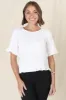 Adria Top - Frill High-Low Hem with Wooden Button Down Back Top in White sold by Salty Crush