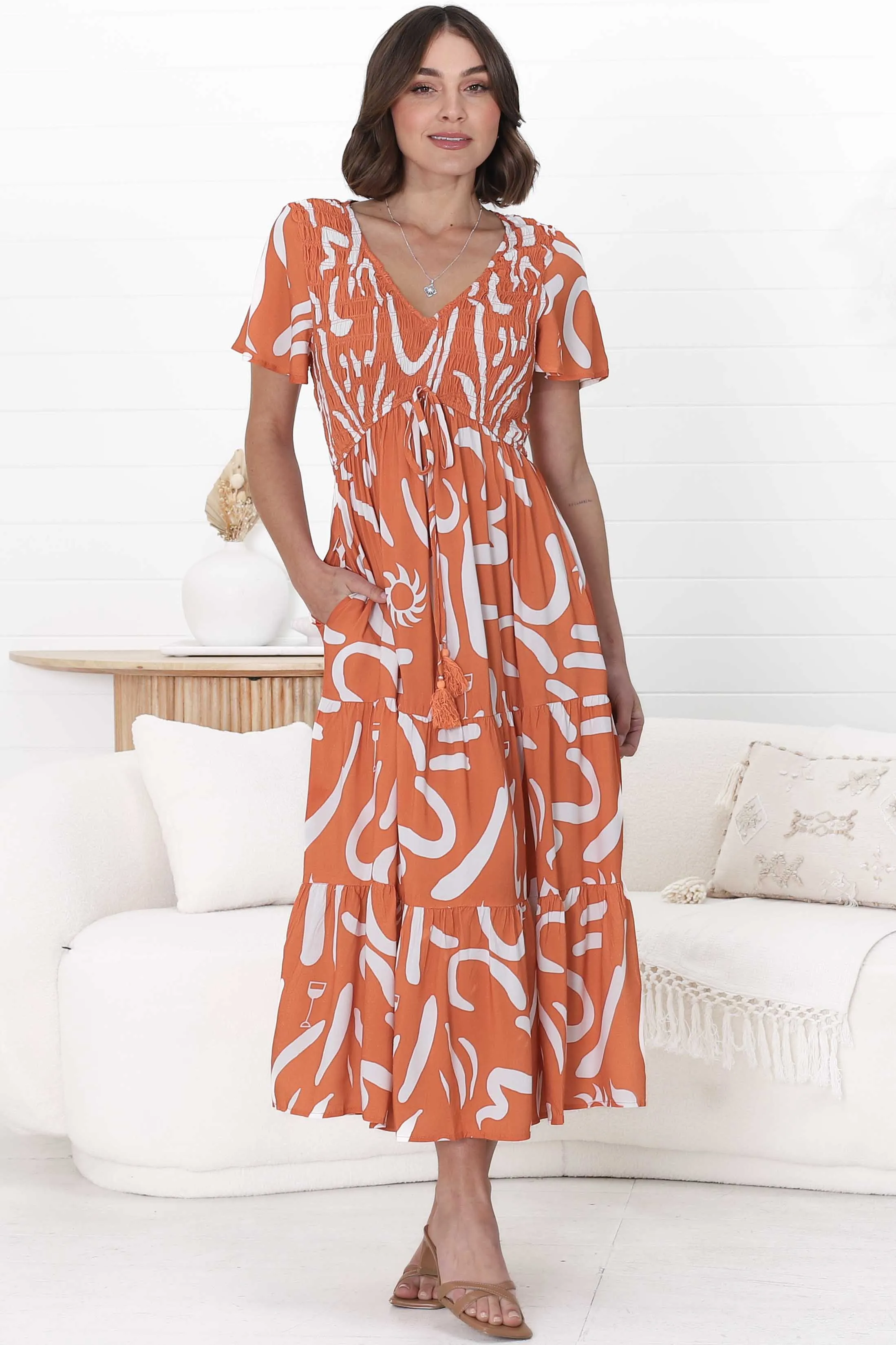 Amaya Midi Dress - Shirred Cap Sleeve A Line Dress in Daley Print Rust sold by Salty Crush product image thumbnail 3