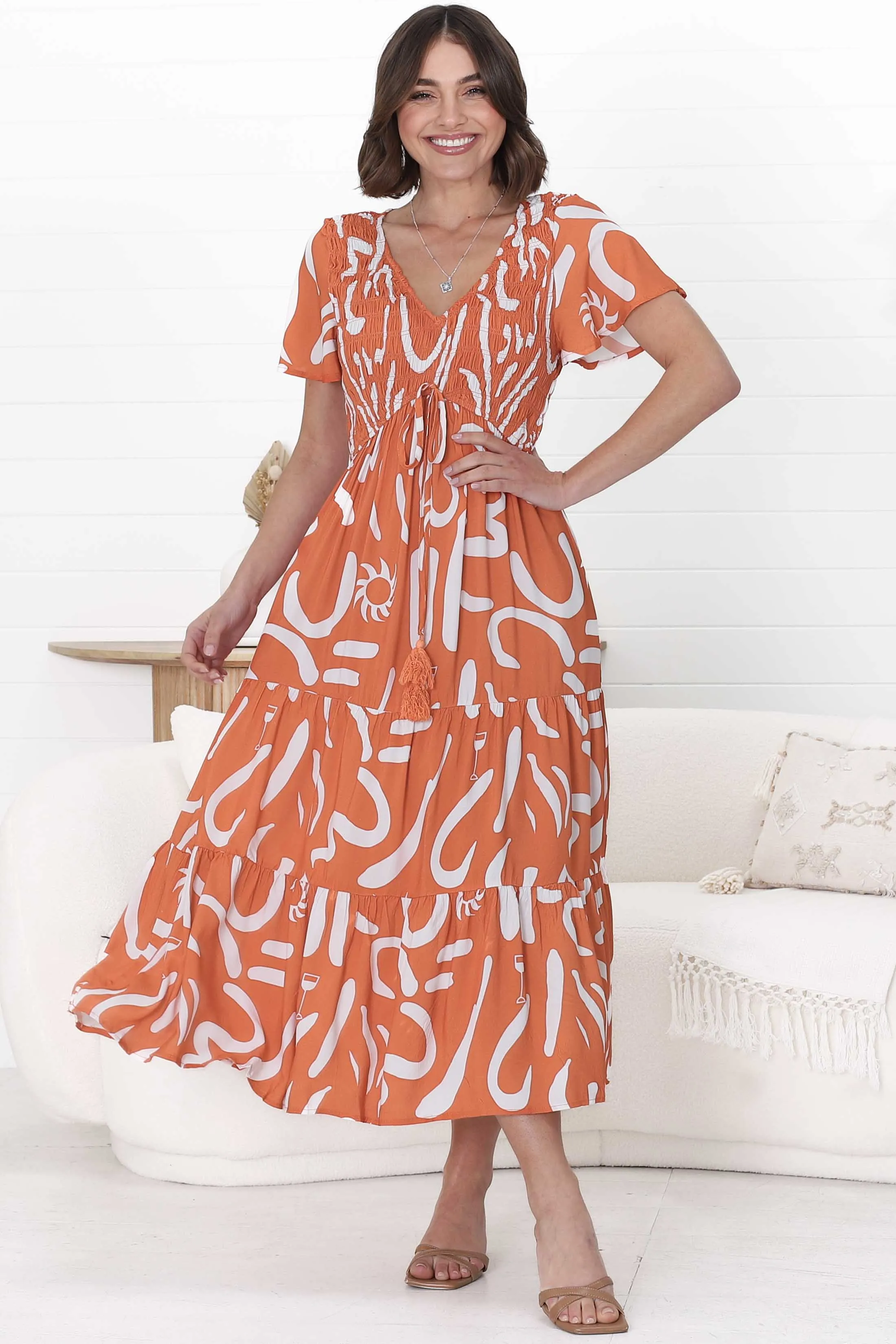 Amaya Midi Dress - Shirred Cap Sleeve A Line Dress in Daley Print Rust sold by Salty Crush