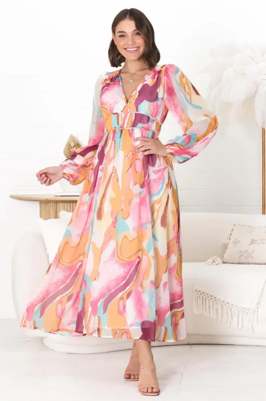 Helia Midi Dress - V Neck A Line Dress with Cinched Waist in Hanna Print Pink sold by Salty Crush