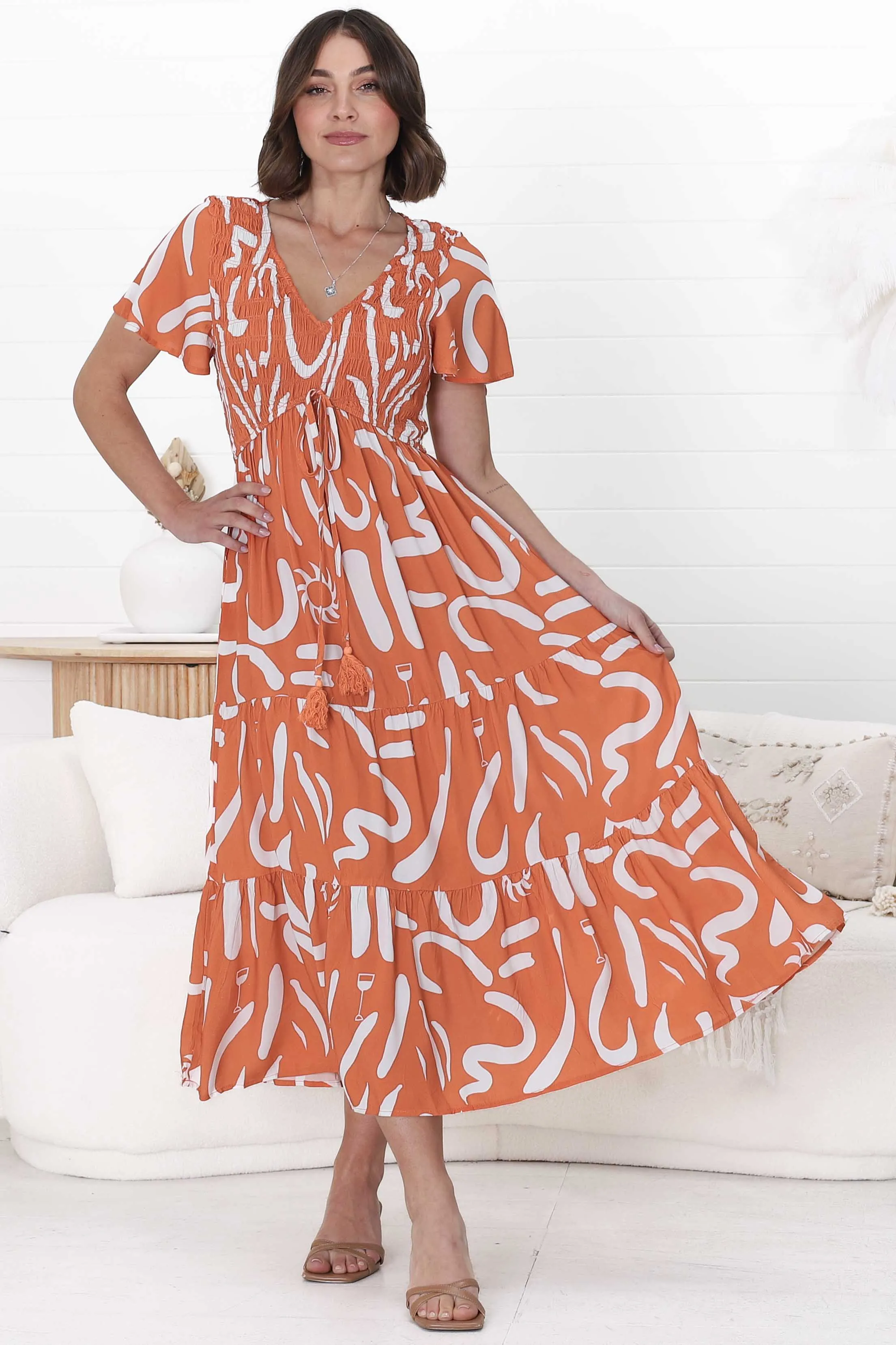 Amaya Midi Dress - Shirred Cap Sleeve A Line Dress in Daley Print Rust sold by Salty Crush product image thumbnail 4