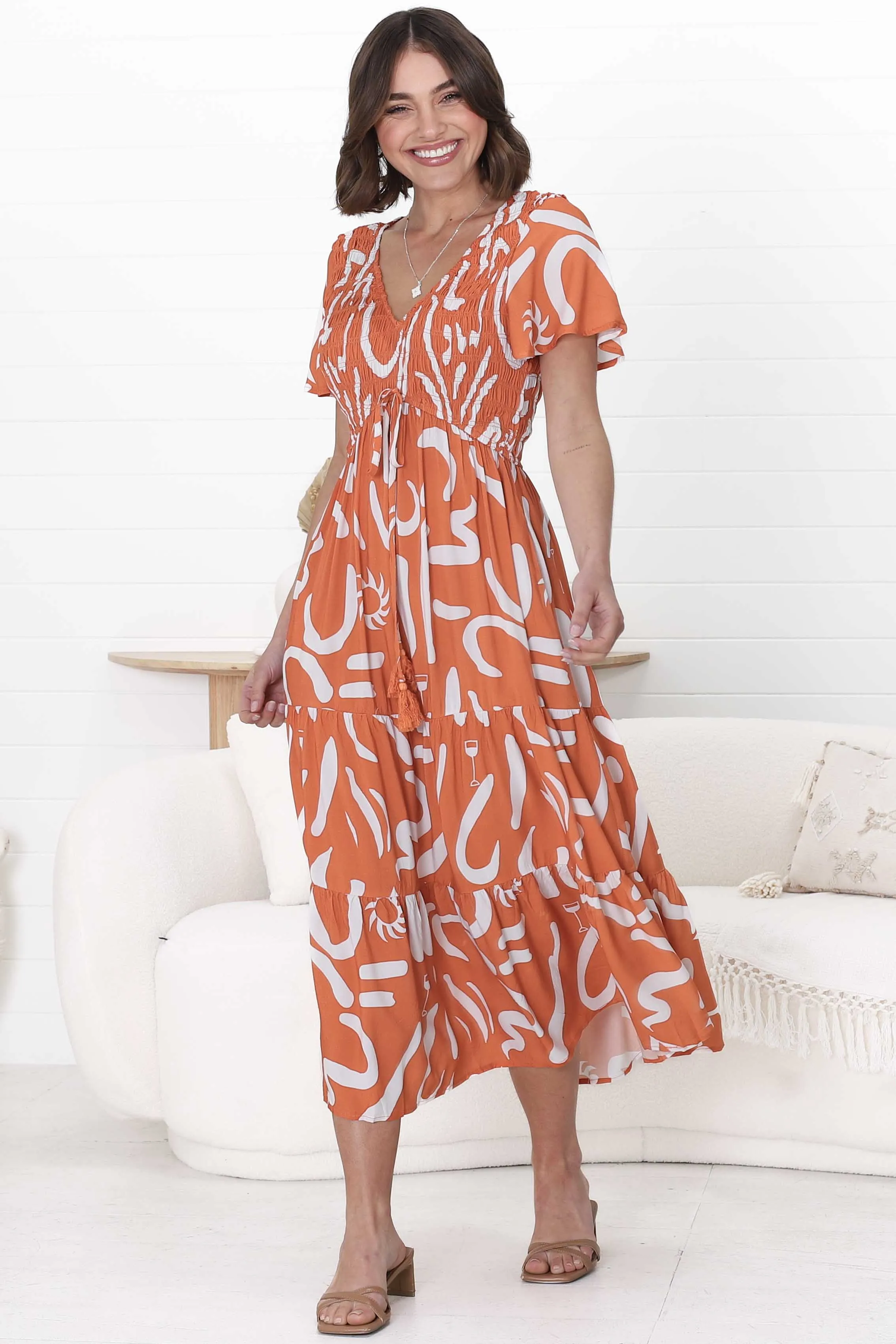 Amaya Midi Dress - Shirred Cap Sleeve A Line Dress in Daley Print Rust sold by Salty Crush product image thumbnail 5
