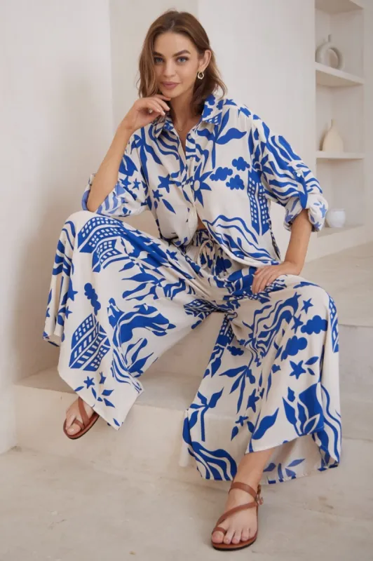 Mezza Pants - Paper Bag High Waisted Wide Leg Pant In Salt Lake Print Blue sold by Salty Crush