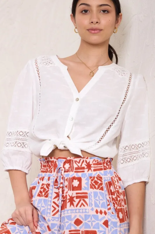Nico Top - Mandarin Collar Buttoned Down Shirt with Crochet Details in White sold by Salty Crush